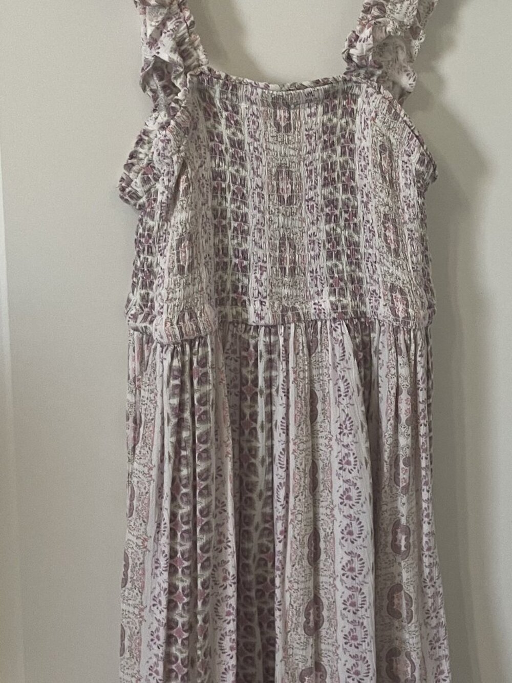 Pink Rose Printed Ruffle Strap Smocked A line Dress Small
